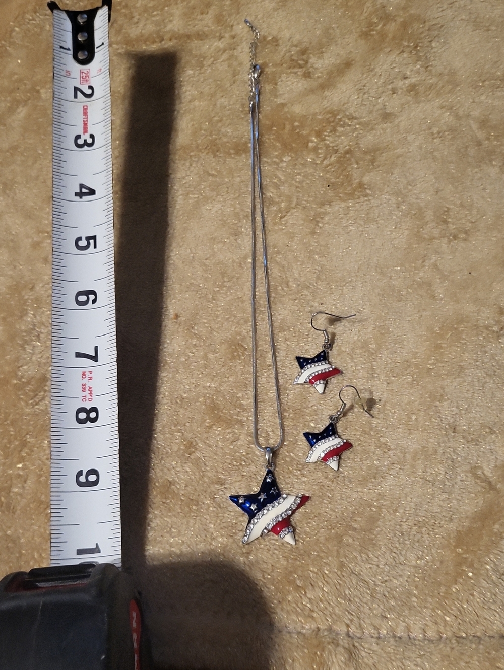 USA, American, 4th Of July, Patriotic Star Necklace & Earring Set In Silvertone